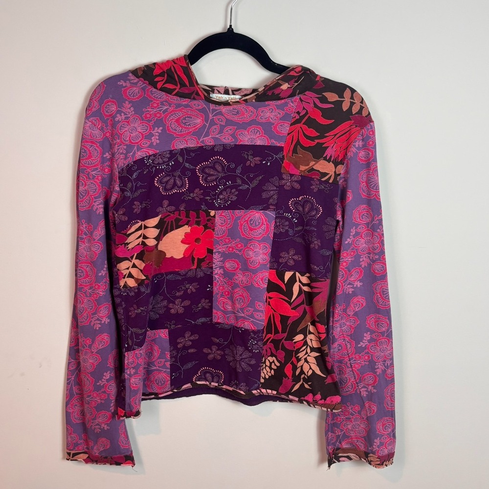 Yak n Yeti Womens Long Sleeve Purple Floral Patchwork Cotton Hooded Tee S/M Boho